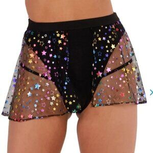 IHEARTRAVES Rainbow Stars Open Front Black Mesh Mini Skirt Festival Rave Size S